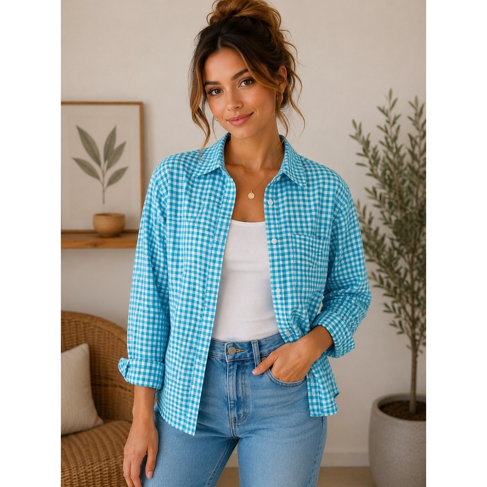 Fleur Bleue Women's Teal and White Gingham Button-Down Long Sleeve Shirt‎